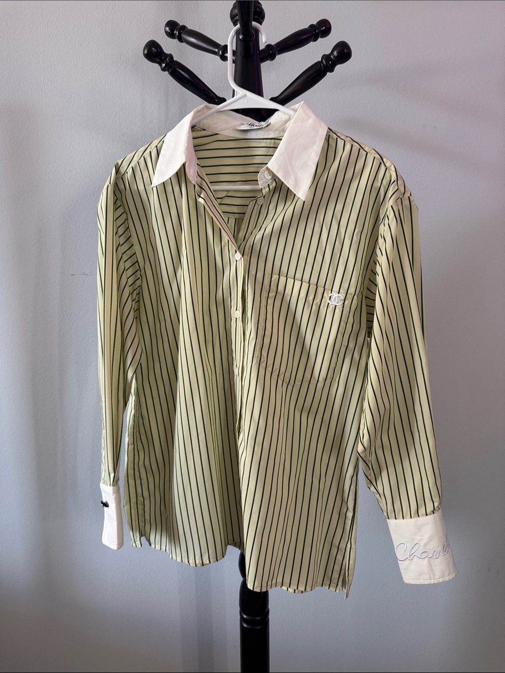 CHANEL Green Stripe Button-Down Shirt with White Collar